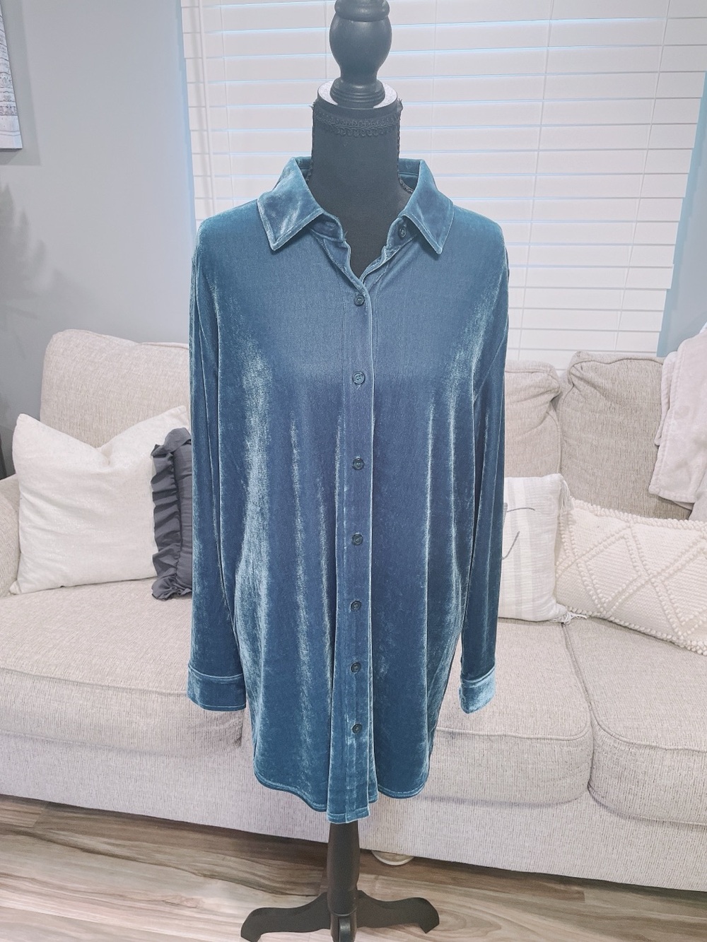 Soft Surroundings Teal Velvet Button-Up Shirt Size Large